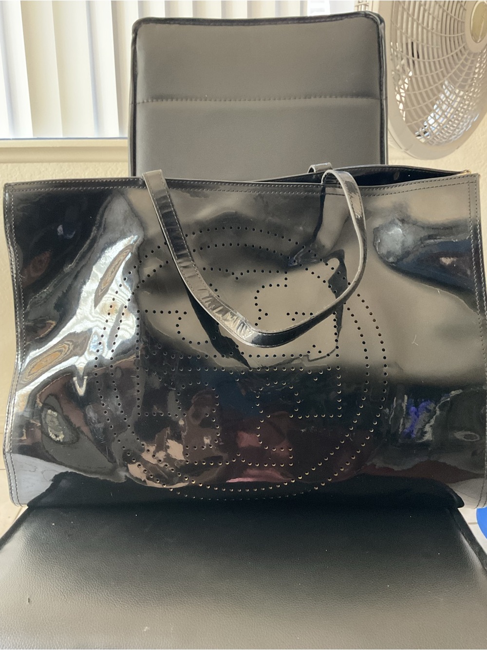 Tory Burch Black Patent Leather Tote with Perforated Logo